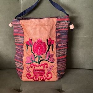 Embroidered Floral Tan and Pink Women's Bag